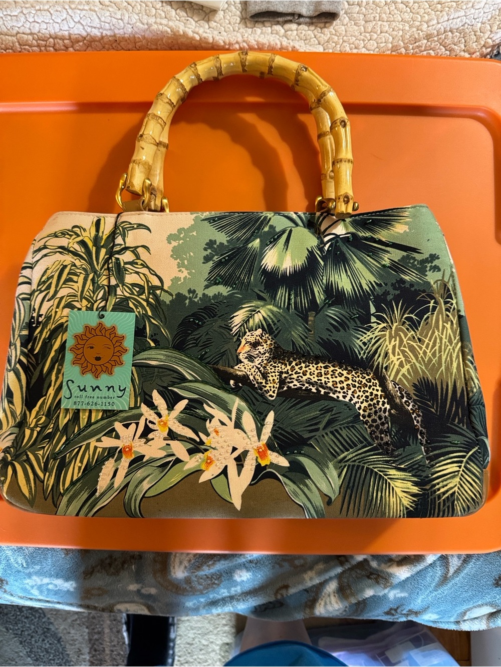 Sunny Tropical Print Satchel with Bamboo-Style Handles - Green